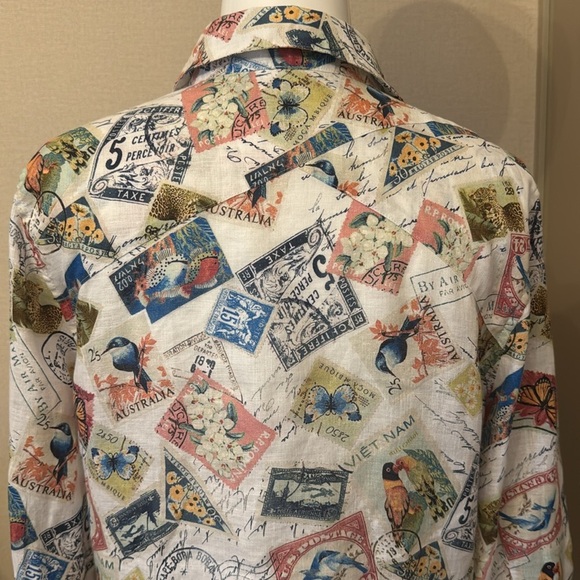 Chico's No-Iron Butterfly Stamp Travel 100 % Linen Button Down 3/4 Sleeve Shirt - Picture 8 of 8